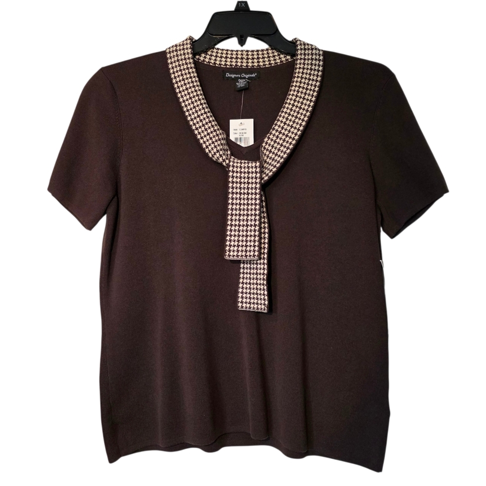 Designers Originals Chocolate Brown Sweater with Houndstooth Collar NWT PXL